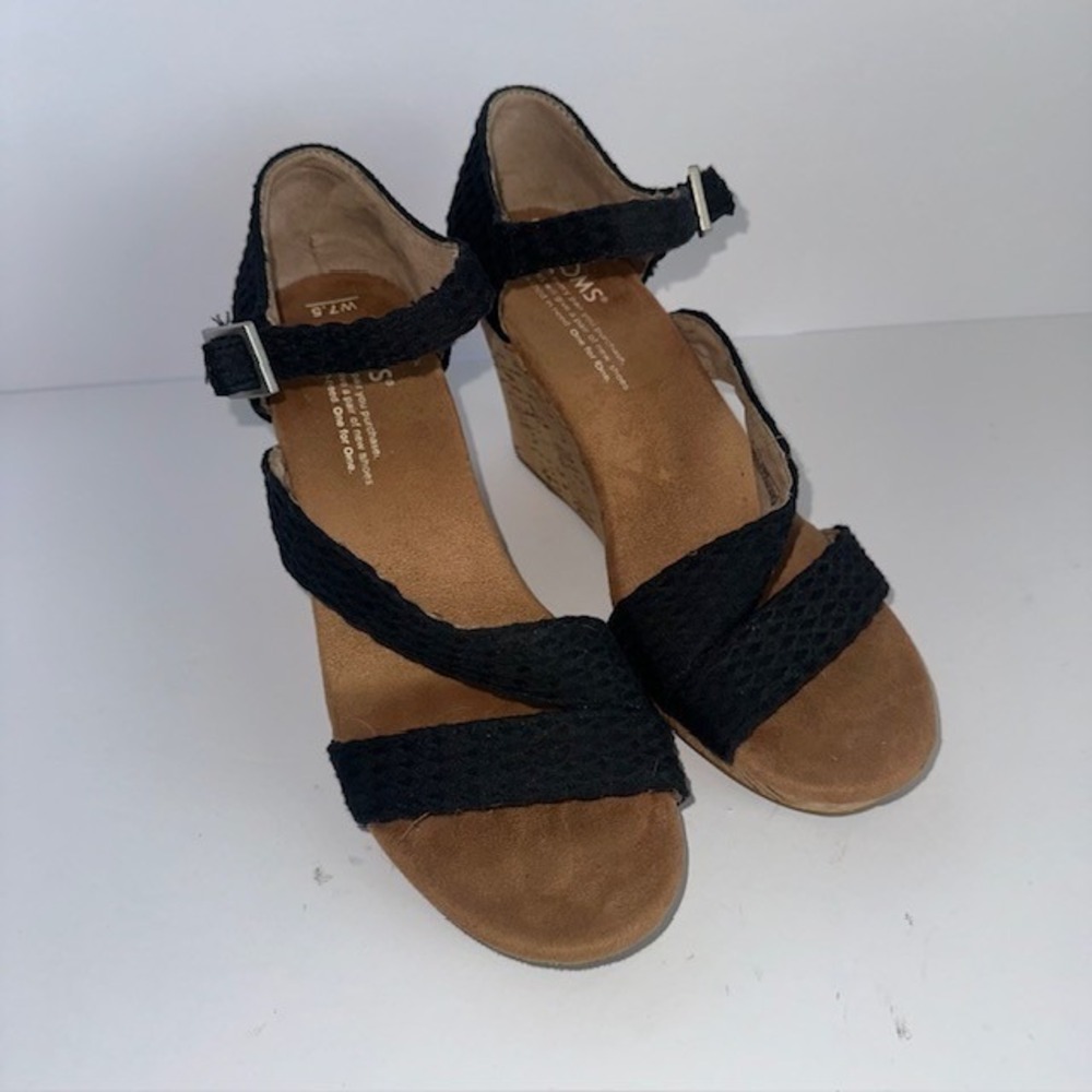 TOMS Black Woven Canvas Cork Wedge Sandals Ankle Strap Women's 7.5‎